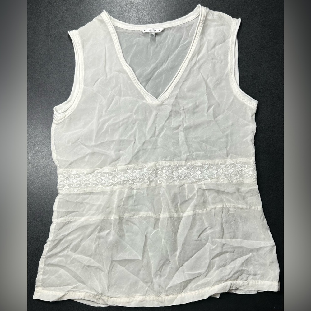 Cabi Size M Sheer Ivory Embroidered Cupra Top